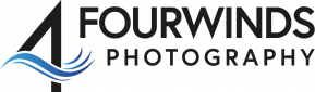 Logo for Four Winds Photography featuring a stylized number 4 with blue wave designs, next to the company name in bold black letters—perfect for a Northampton Photography brand.